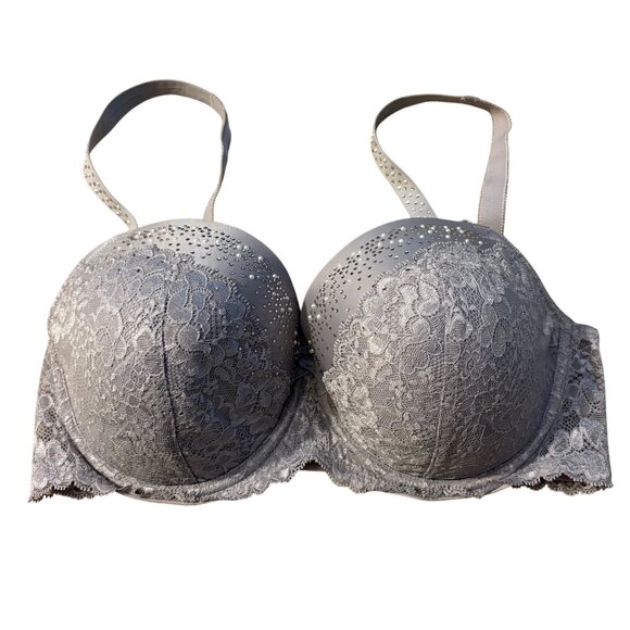 Victorias Secret Dream Angels Lined Demi Bust 36DD Gray Rhinestones - Picture 1 of 3